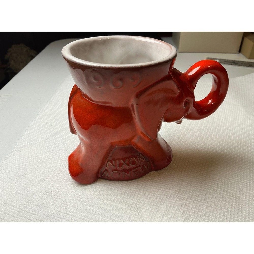 Vintage 1969 Frankoma GOP Elephant Mug Nixon Agnew Political Memorabilia Orange‎